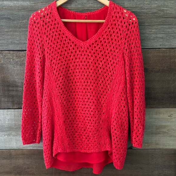 Lucky Brand Red Crochet Knit Sheer Layered Sweater - Picture 2 of 7